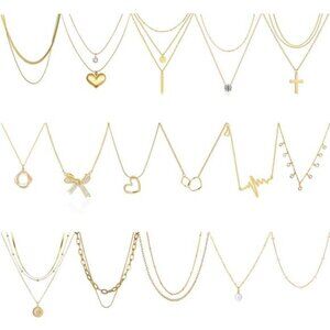 16-Piece Gold Pendant Necklace Set – Minimalist Fashion Jewelry Collection